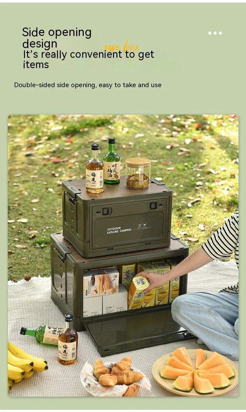 Large green plastic storage box with a wooden lid, showing foldable sides.