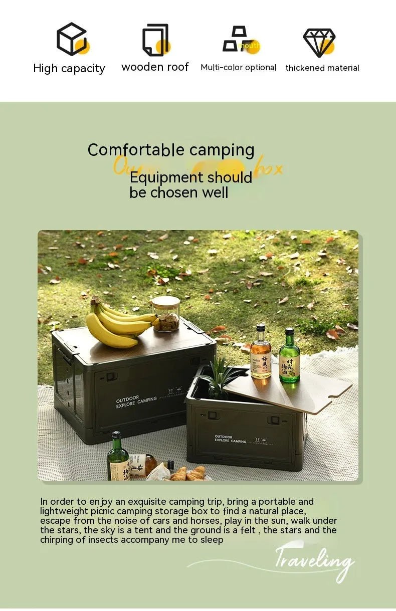 Large green plastic storage box with a wooden lid, showing foldable sides.