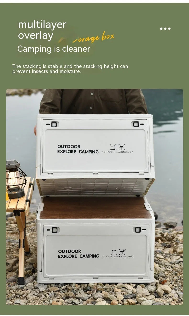 Large green plastic storage box with a wooden lid, showing foldable sides.