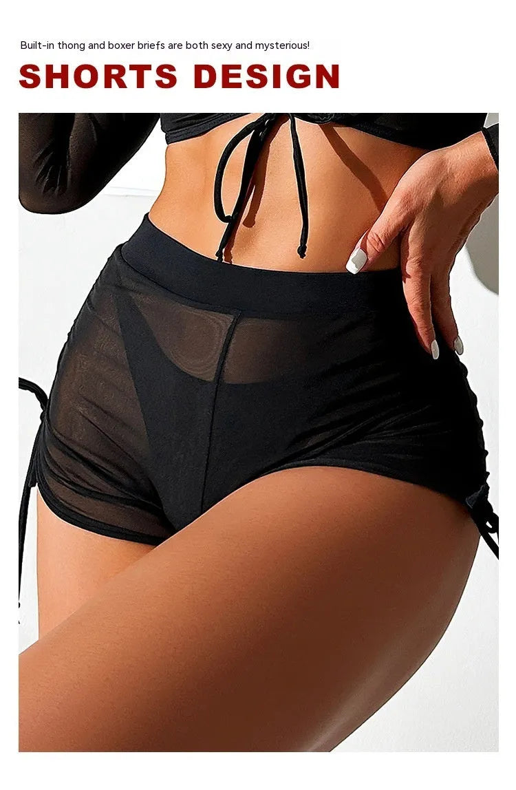 Black mesh bikini four-piece set with long sleeve top and briefs for women's swimming