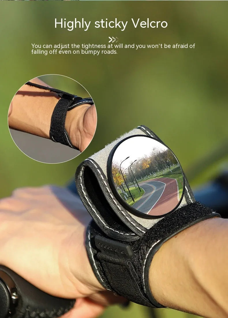 Black nylon cycling rear-view mirror with universal bicycle mount and adjustable viewing mechanism