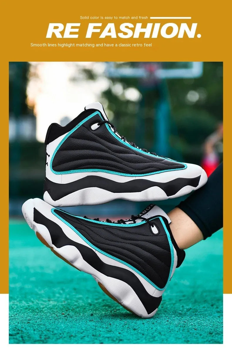 Men's high-top basketball shoe in AJ13 colour with mesh upper and thick rubber sole.