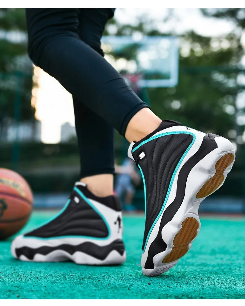 Men's high-top basketball shoe in AJ13 colour with mesh upper and thick rubber sole.