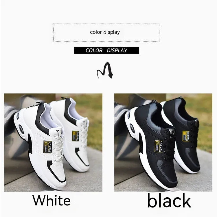 Men's waterproof leather casual running shoes in black with vulcanised rubber sole and lace-up closure
