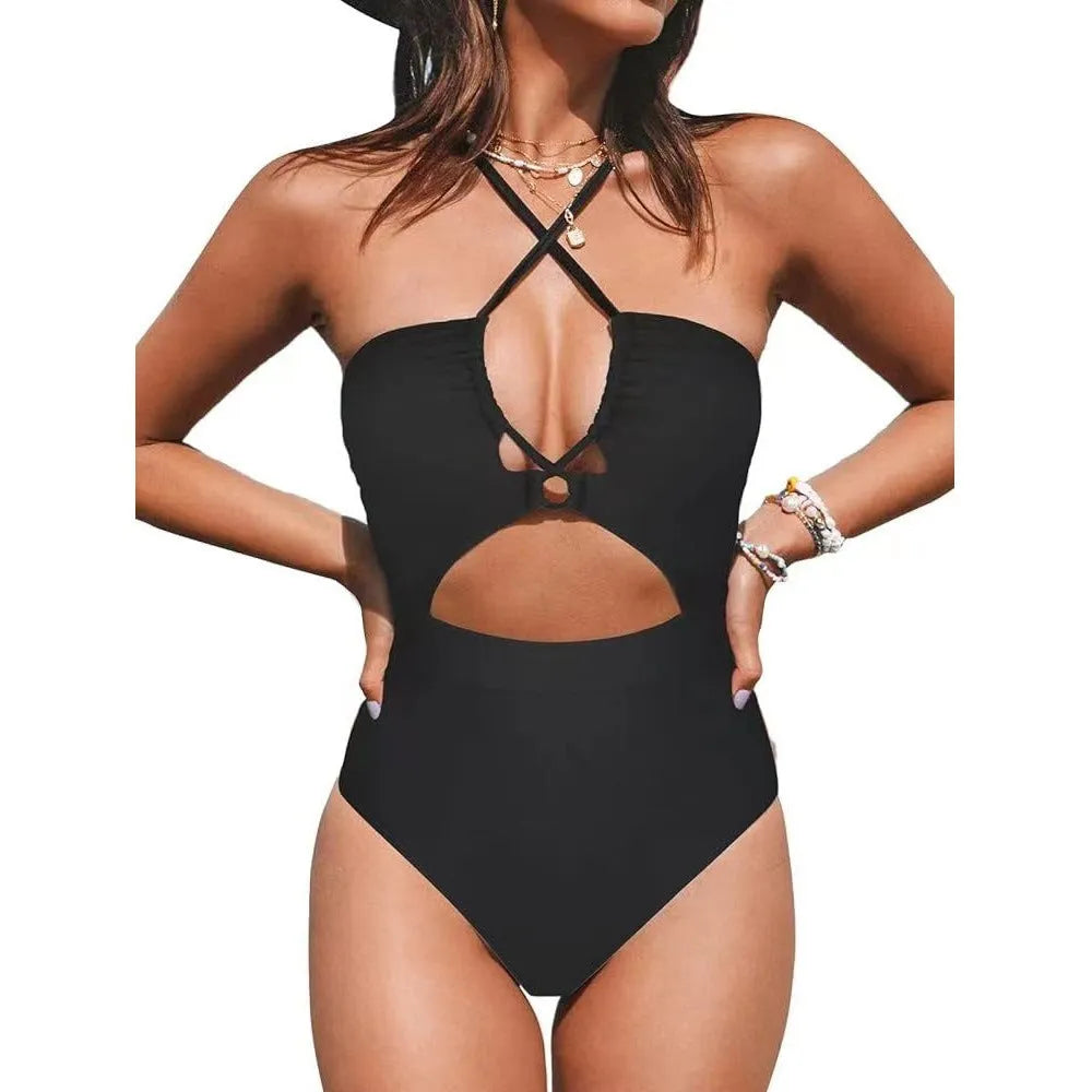 Backless one-piece swimsuit for women in solid colour on a mannequin.