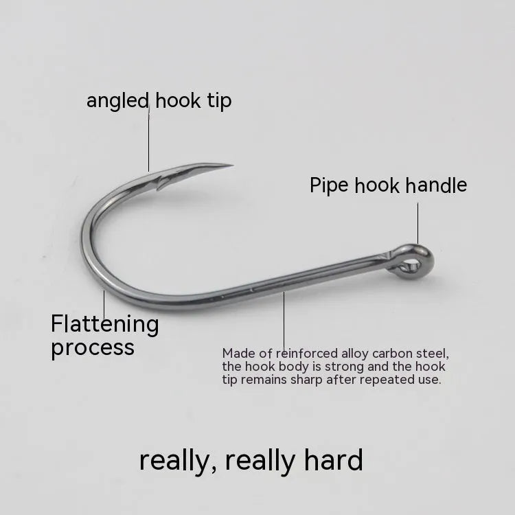 Bulk pack of alloy carbon steel barbed fishing hooks in various sizes for sea and rock fishing.
