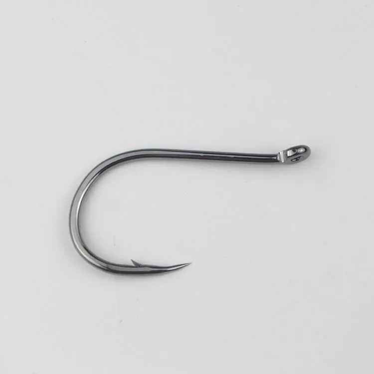 Bulk pack of alloy carbon steel barbed fishing hooks in various sizes for sea and rock fishing.