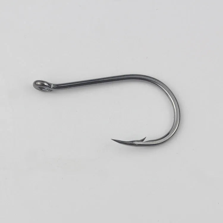 Bulk pack of alloy carbon steel barbed fishing hooks in various sizes for sea and rock fishing.