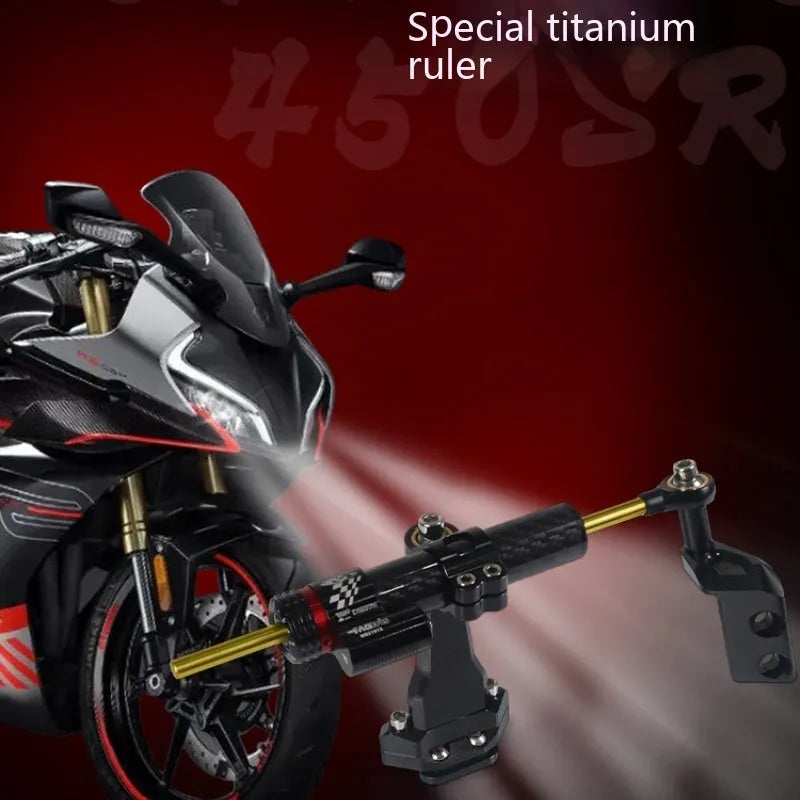 Titanium directional damper bracket for CFMOTO 450SR/SRS motorcycle with carbon fibre aluminium body and adjustment gear.