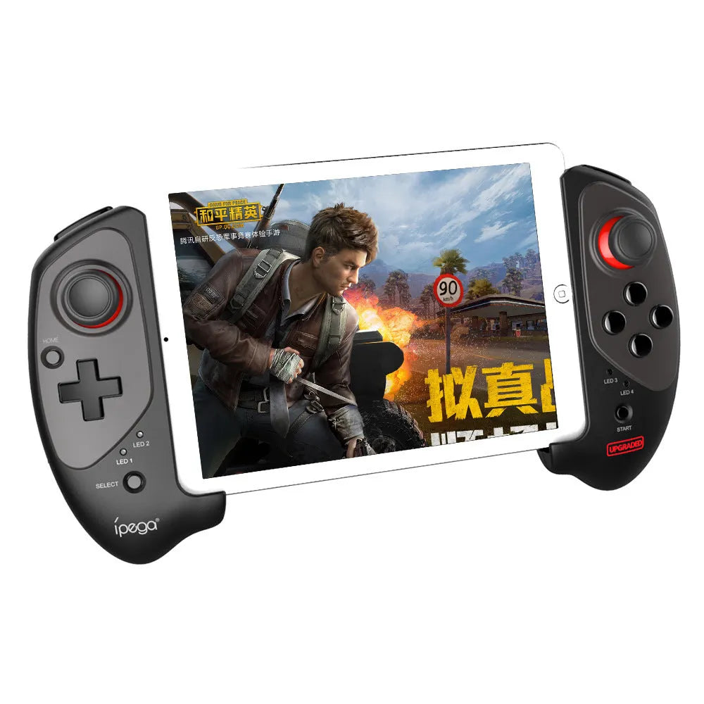 Red telescopic gamepad with adjustable arms for mobile phones and USB/Bluetooth connectivity