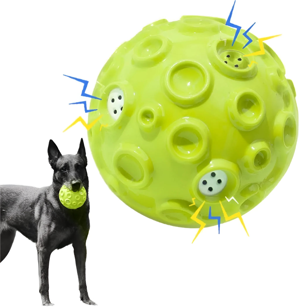 Colourful dog toy ball with textured meteorite bumps for teeth cleaning and squeaky sound
