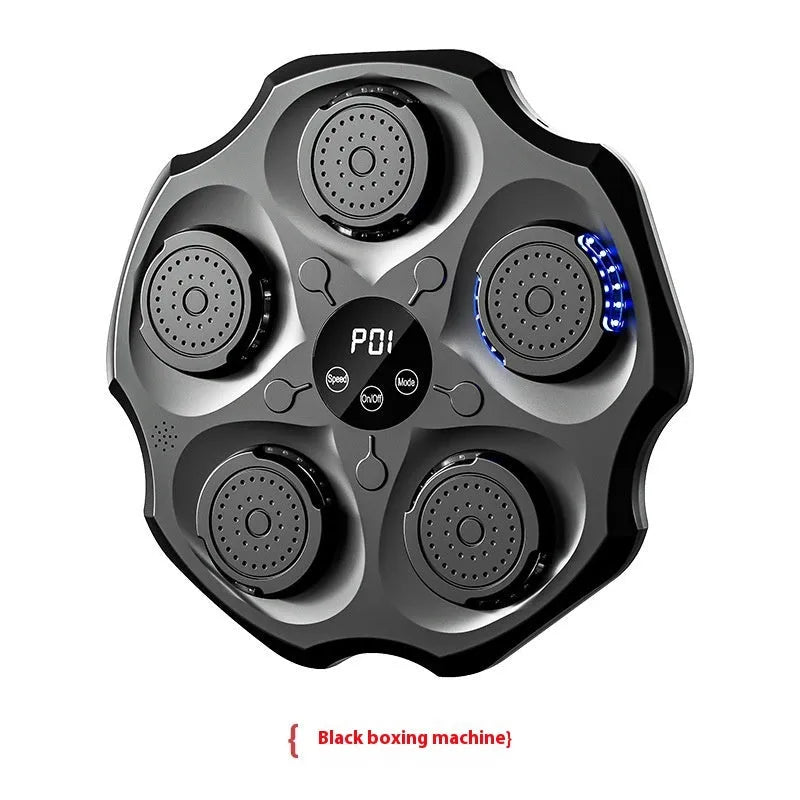 Black hanging PU boxing wall target with Bluetooth music recognition and included glove for home fitness.