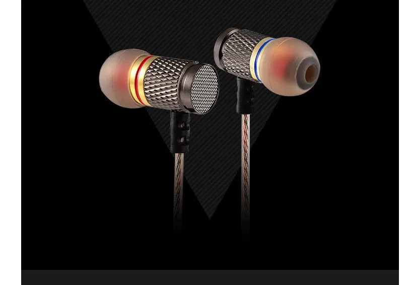 Black wired in-ear headphones with metal subwoofer drivers and L-bend 3.5mm plug