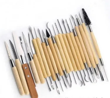 27-piece pottery clay tool set with wooden, stainless steel, and plastic tools in brown roll package