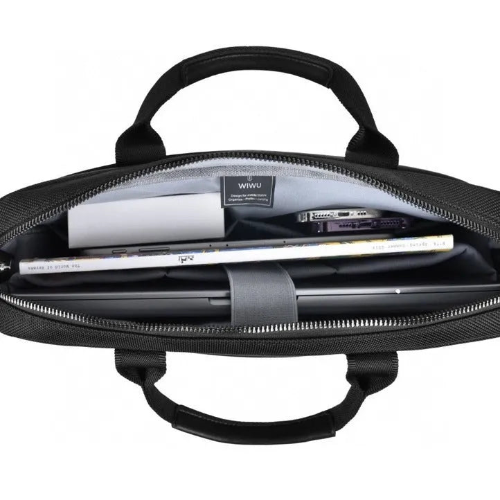 Black Oxford cloth laptop messenger bag with multiple compartments and a lock, shown in 14-inch and 15.6-inch sizes.