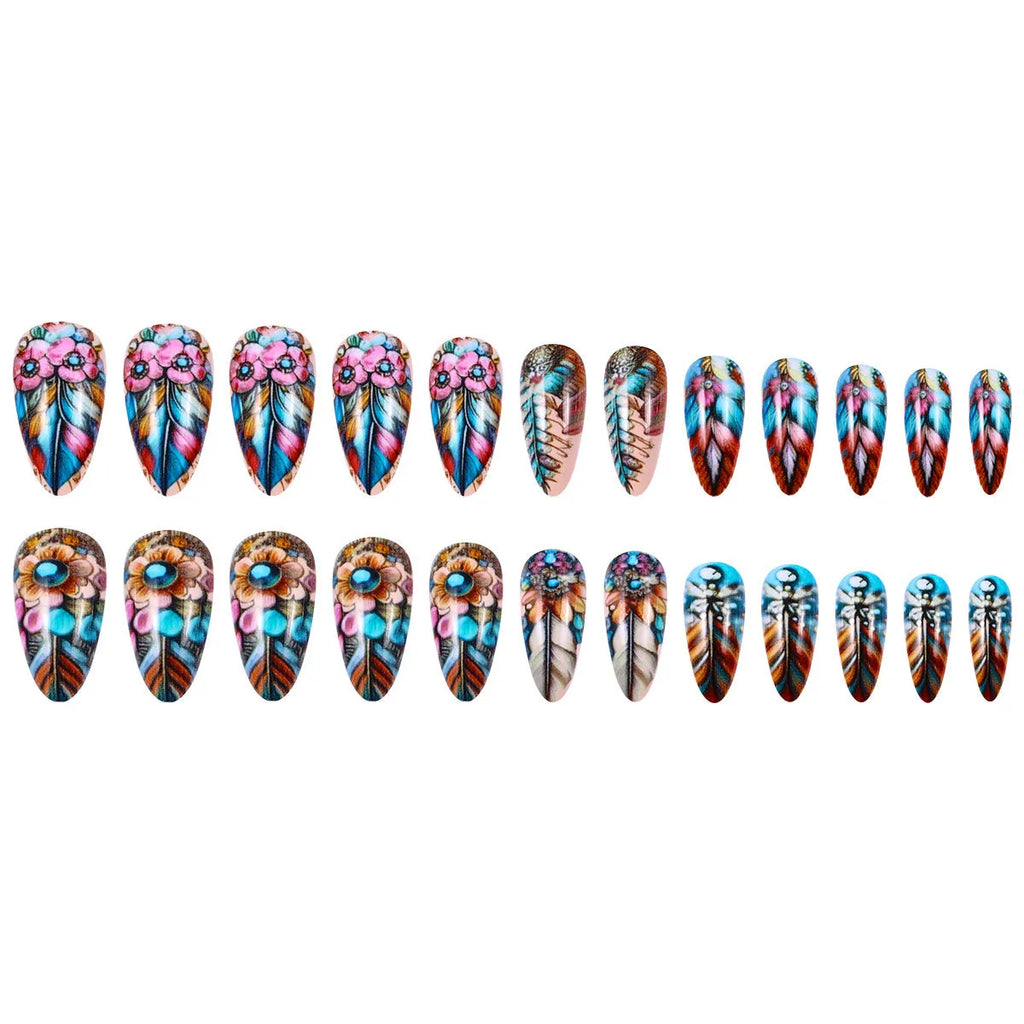 Retro style nail art stickers with colourful feather armour, cartoon, and butterfly designs plus a jelly glue burnishing stick.