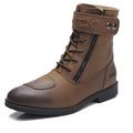 Brown leather motorcycle riding shoes with metal zipper and natural rubber sole