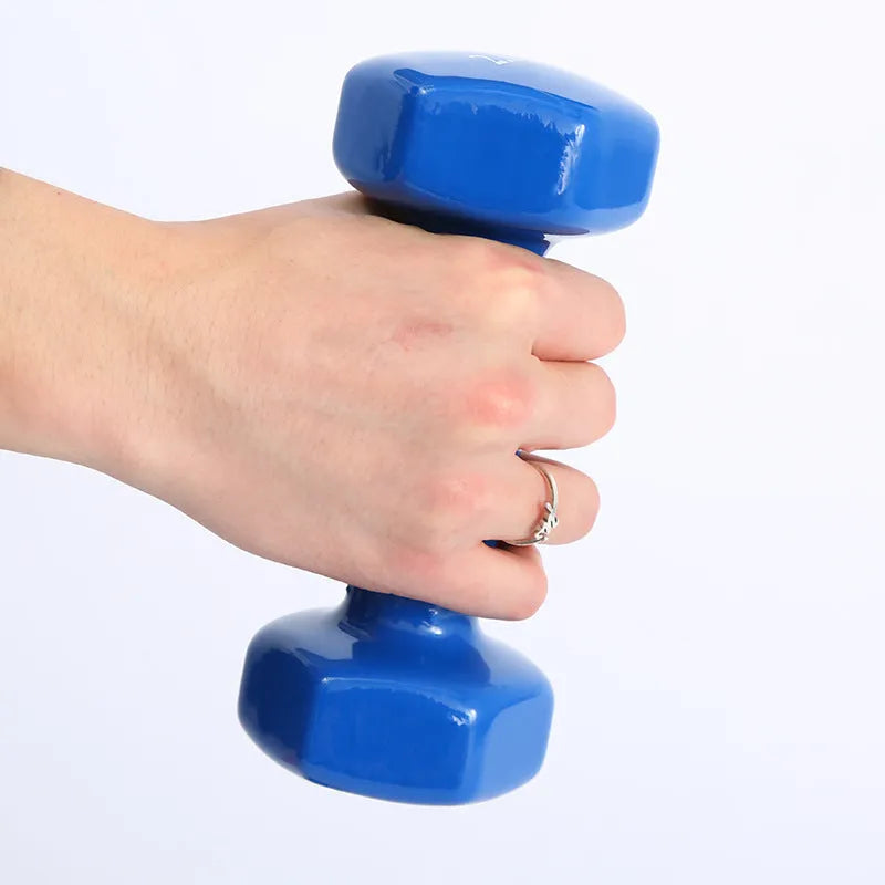 Bright plastic dumbbells with glossy surface in multiple weight options from 0.5kg to 5kg