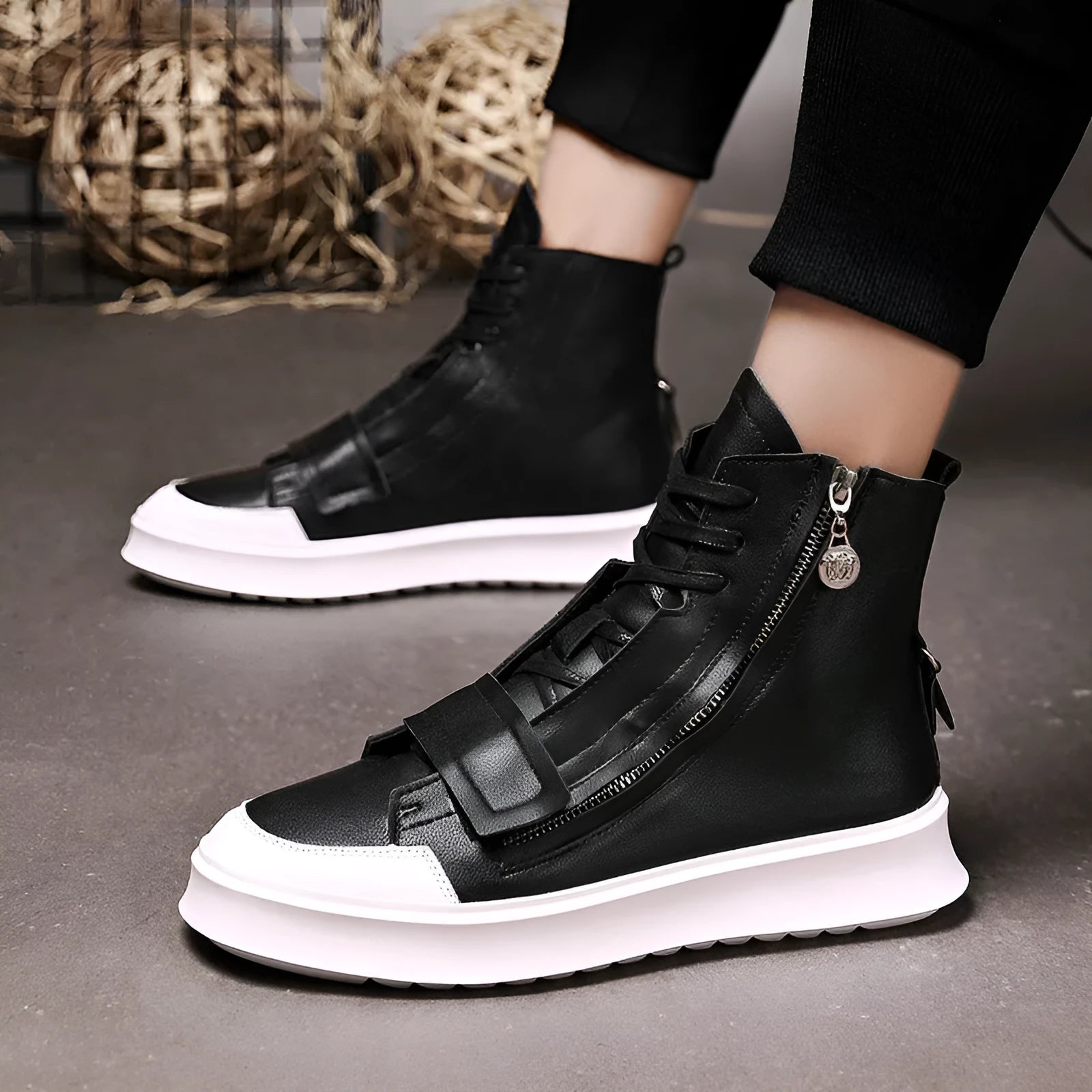 Black PU leather men's ankle boots in high-top sneakers style with microfiber upper construction