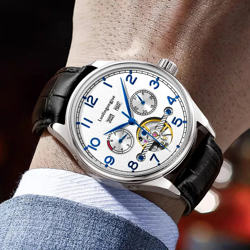 Men's stainless steel mechanical dress watch with leather strap and sapphire glass.