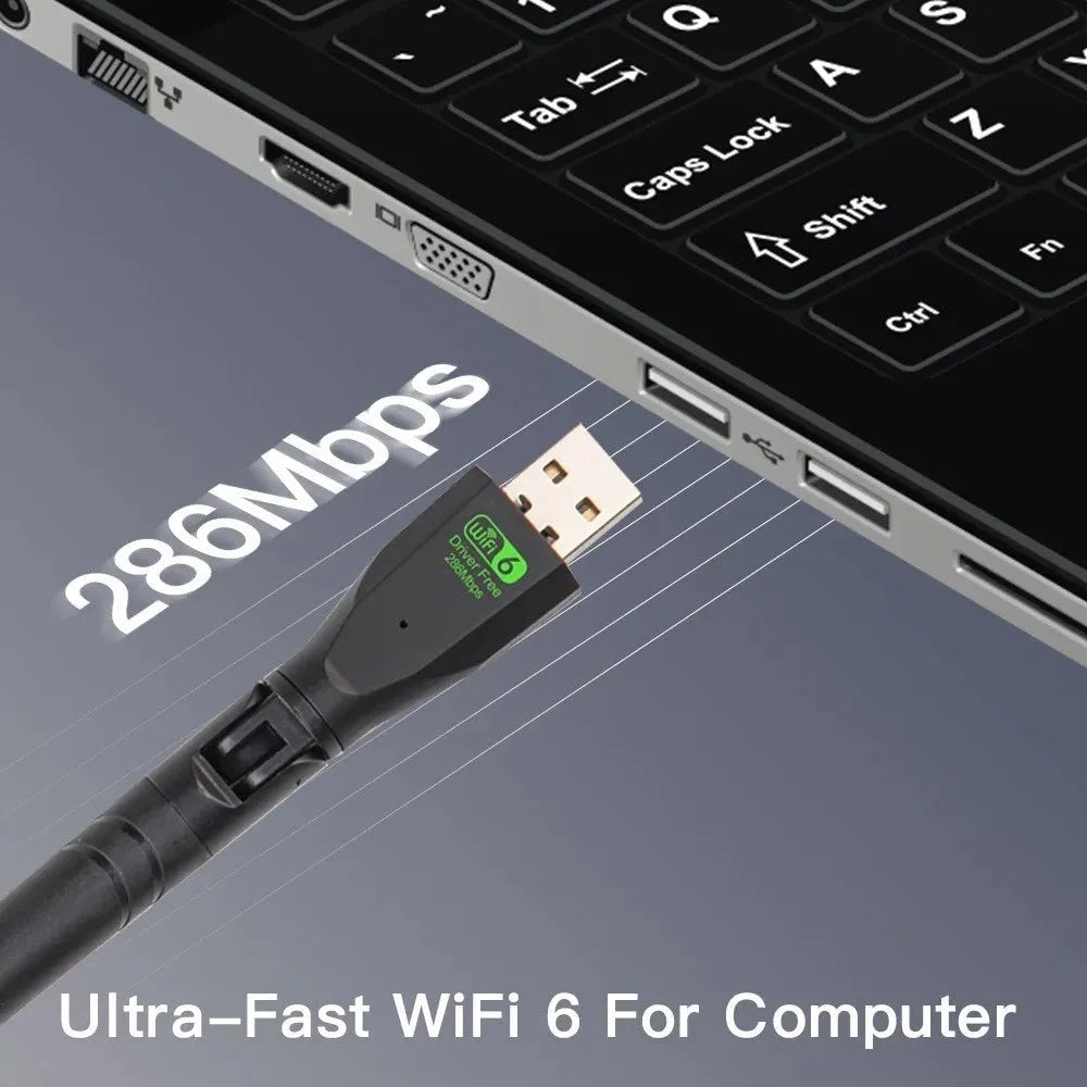 Black USB WiFi 6 wireless network adapter for driver-free PC and laptop connectivity.