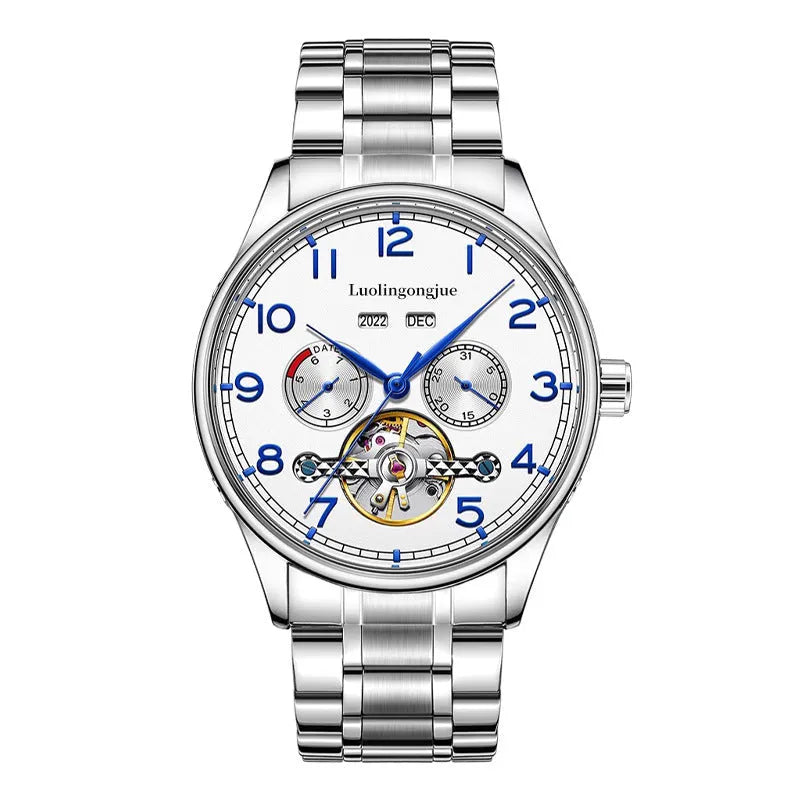 Men's stainless steel mechanical dress watch with leather strap and sapphire glass.