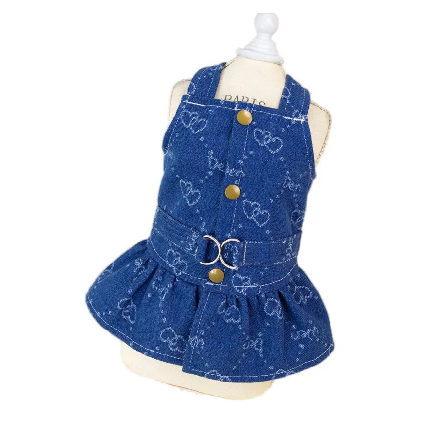 Denim princess dress for small dogs in bracket skirt style with spring autumn seasonal design