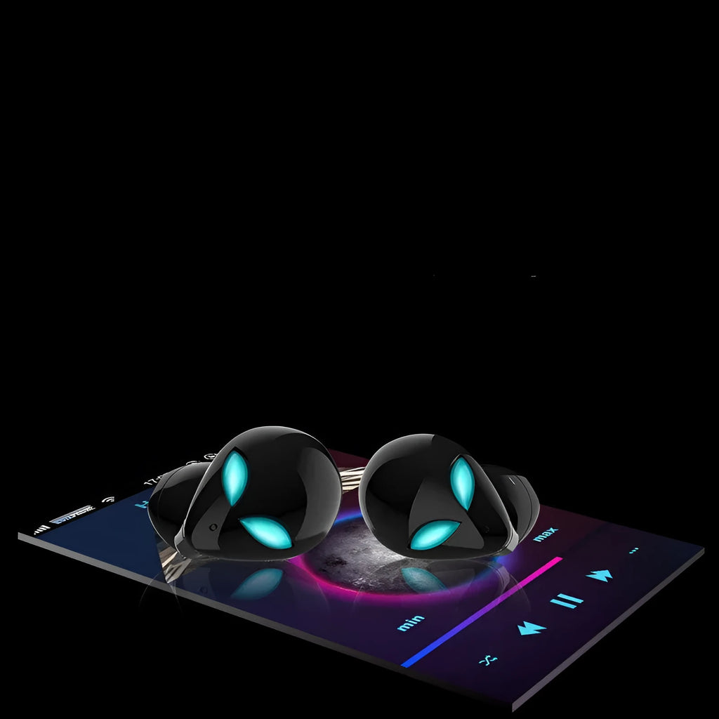 Creative Outer T8 Starman alien-design wireless Bluetooth earbuds in red or blue with a charging case.