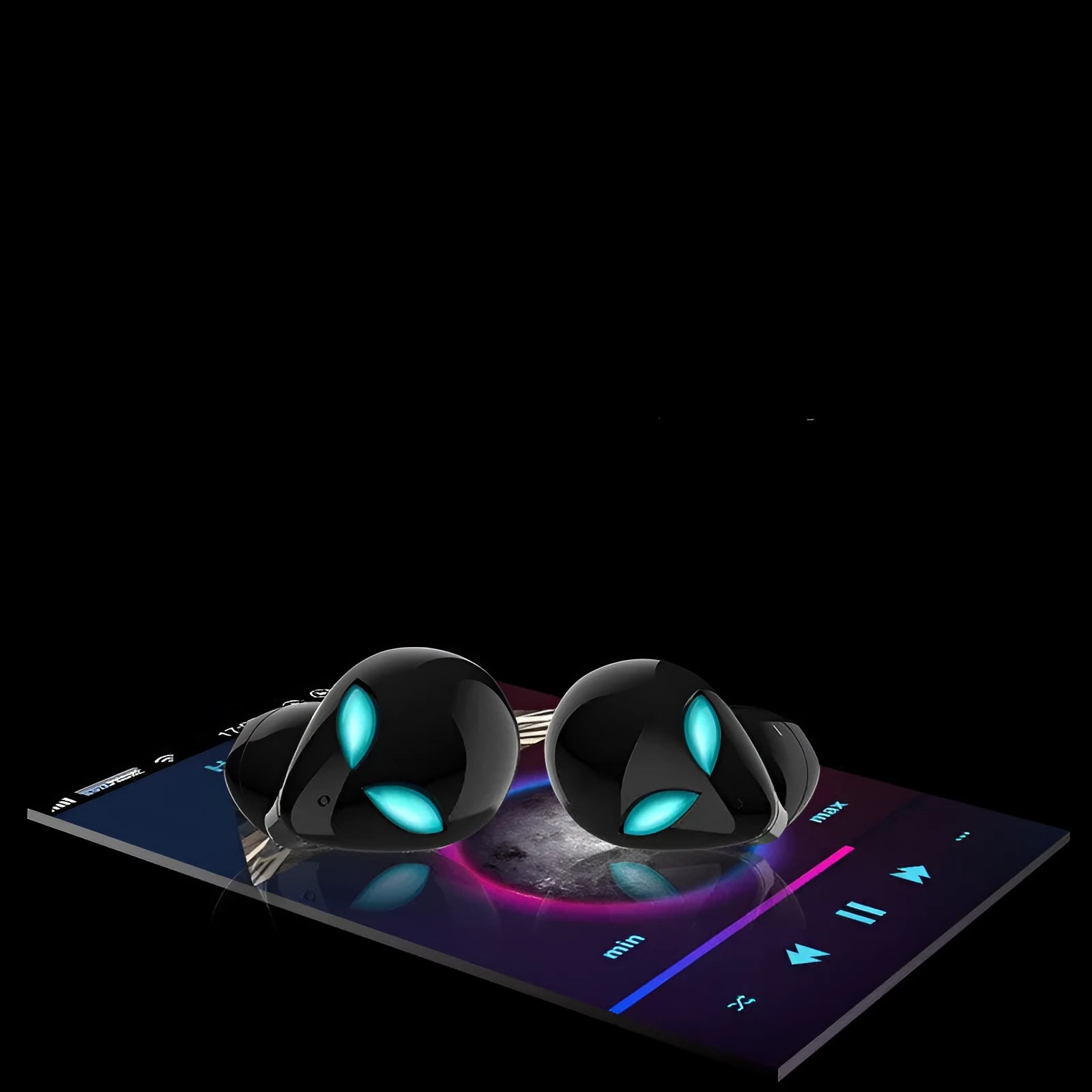Creative Outer T8 Starman alien-design wireless Bluetooth earbuds in red or blue with a charging case.