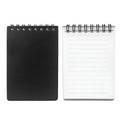 Spiral-bound business notepad with PP cover, open to show 105x75mm paper, with included pen and cloth.
