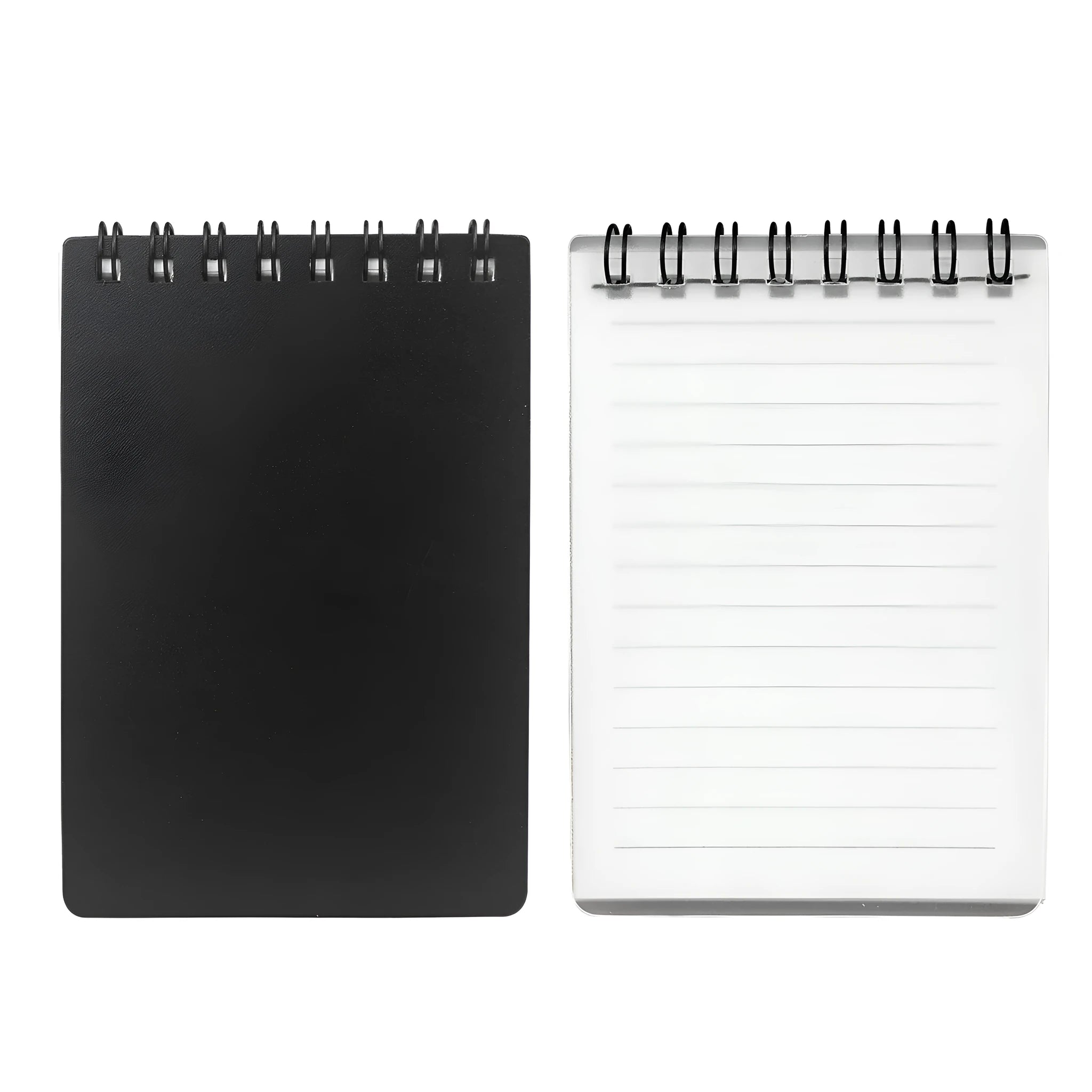 Spiral-bound business notepad with PP cover, open to show 105x75mm paper, with included pen and cloth.