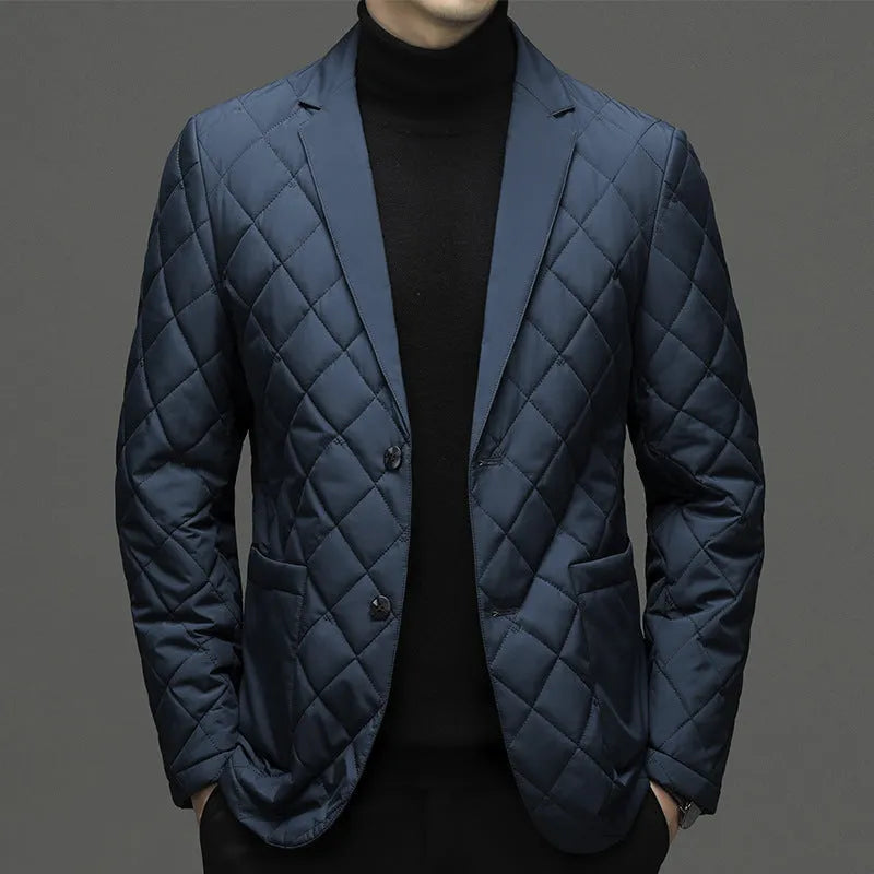 Men's solid colour thick down jacket with lapel, cardigan style, and side seam pockets