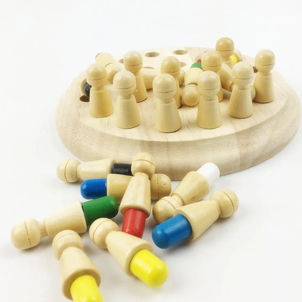 Montessori beech wood memory match stick chess game with green varnish on a checkerboard