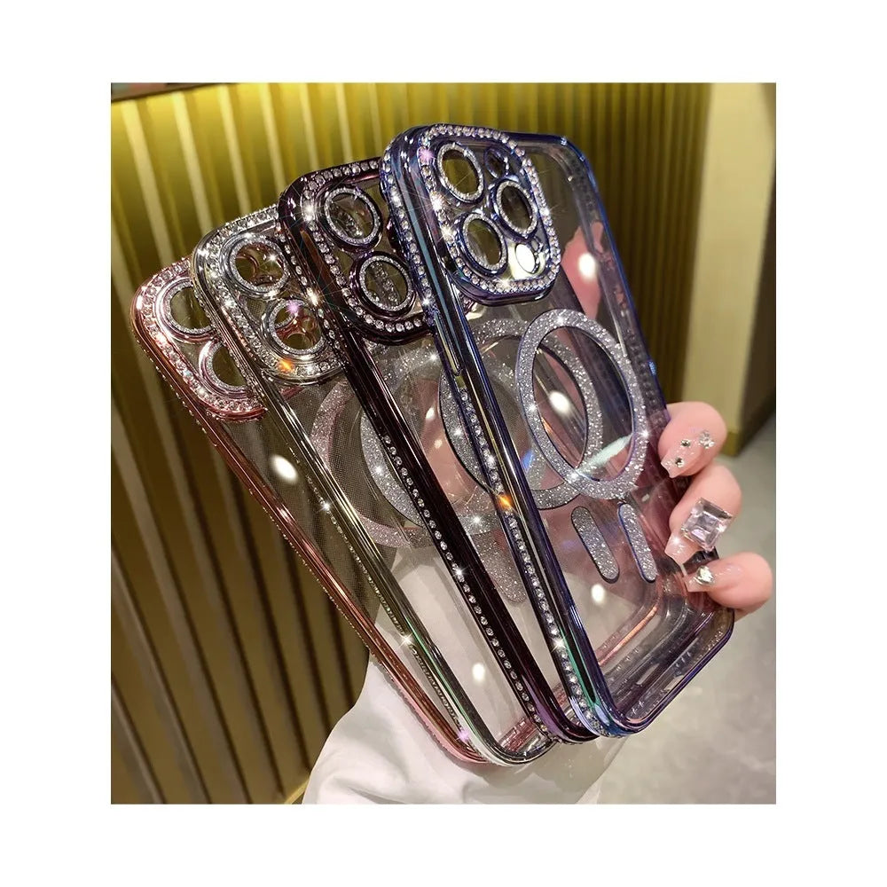 Wireless magnetic iPhone case in deep purple with soft silicone back and electroplated finish.