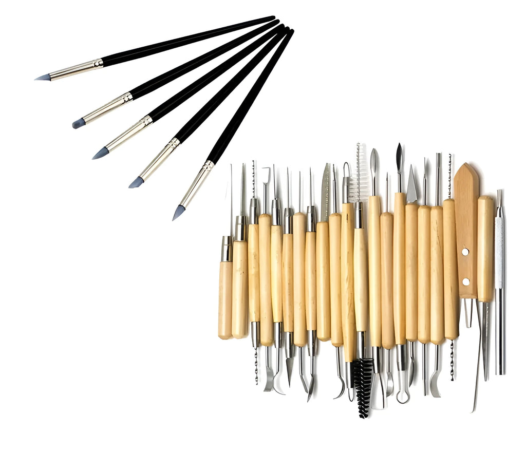27-piece pottery clay tool set with wooden, stainless steel, and plastic tools in brown roll package