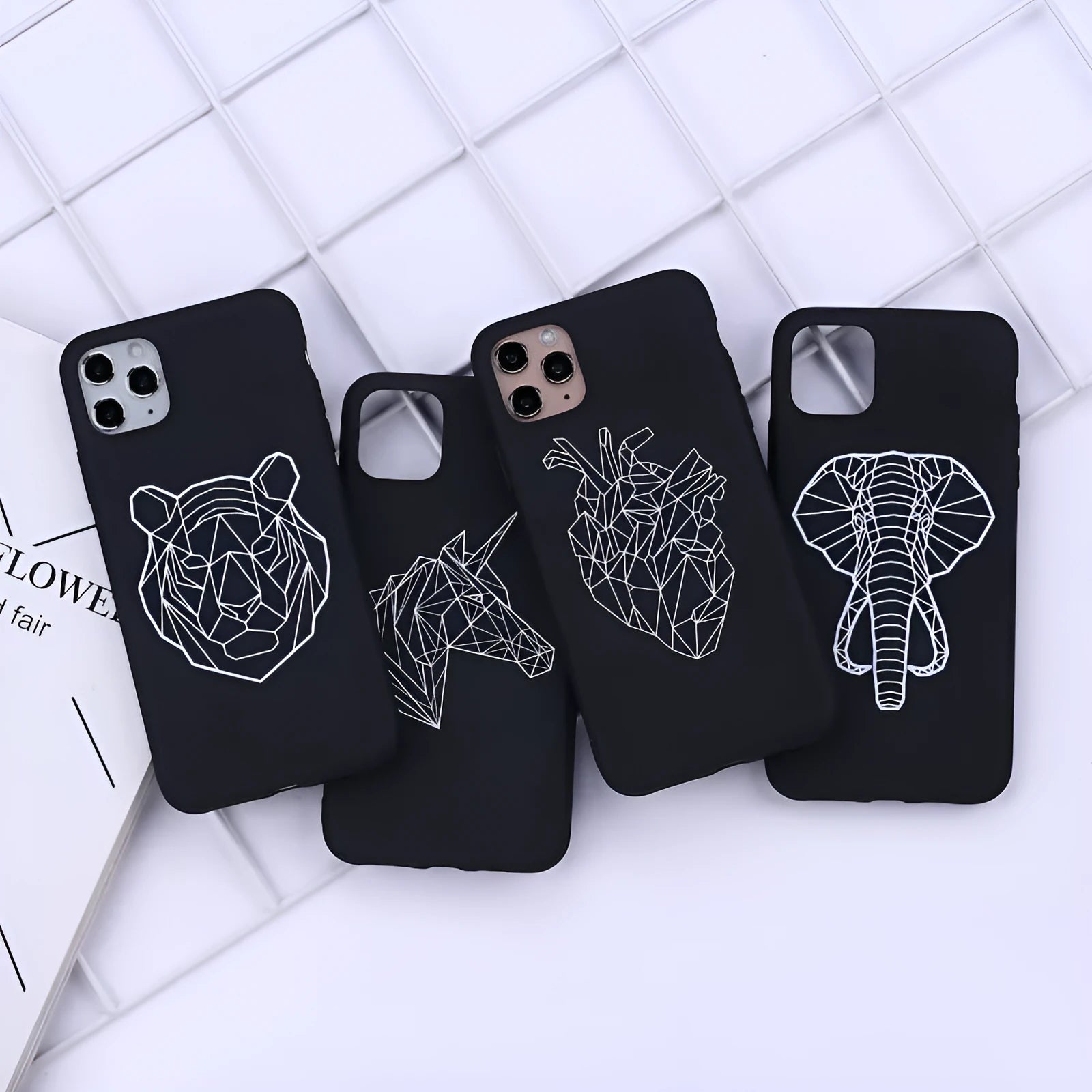 Animal line graffiti art TPU phone case for iPhone with painted cat, deer, horse designs