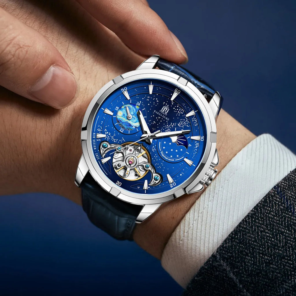 Blue dial men's automatic mechanical watch with a substantial 14mm thick case on a wrist.