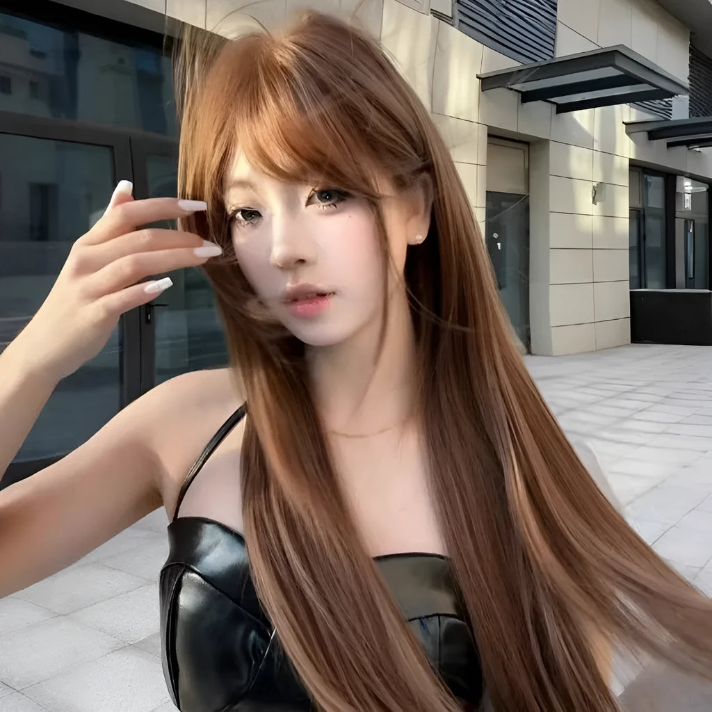Warm tea chestnut brown long straight synthetic wig with face-framing bangs