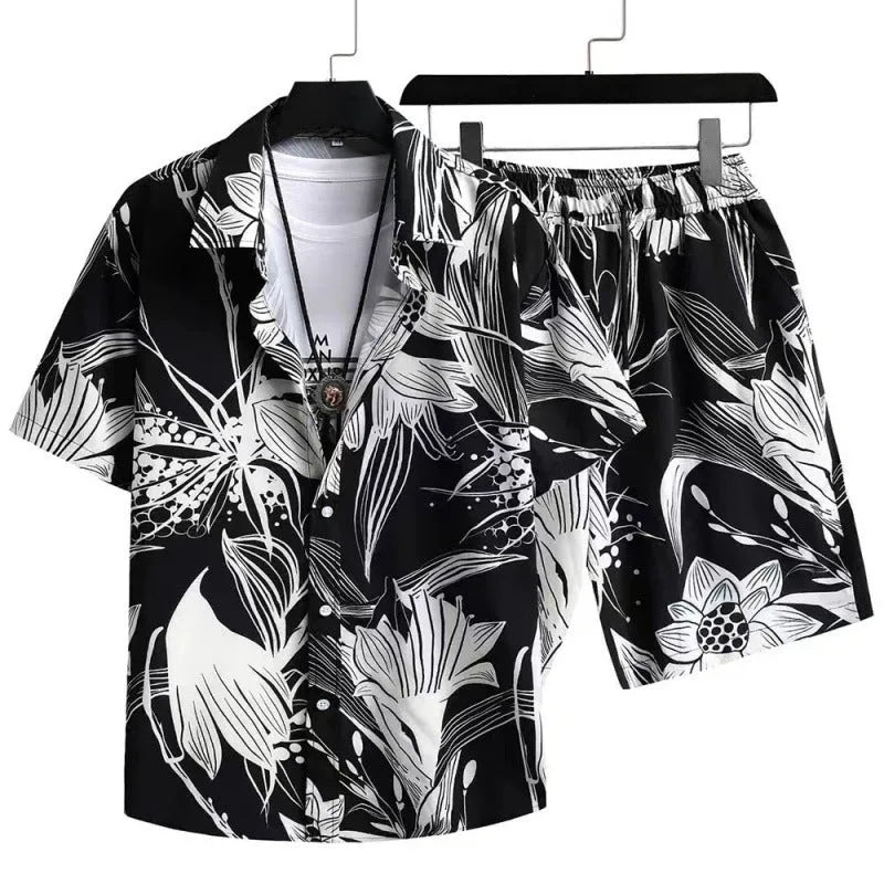 Men's casual digital print short sleeve shirt and matching shorts set in polyester.