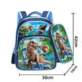 Blue children's cartoon backpack with load-reducing straps and a pencil case attached.