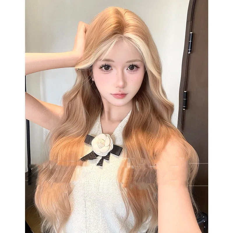One-word lace long curly wig in American highlight gold colour with high-temperature fibre hair