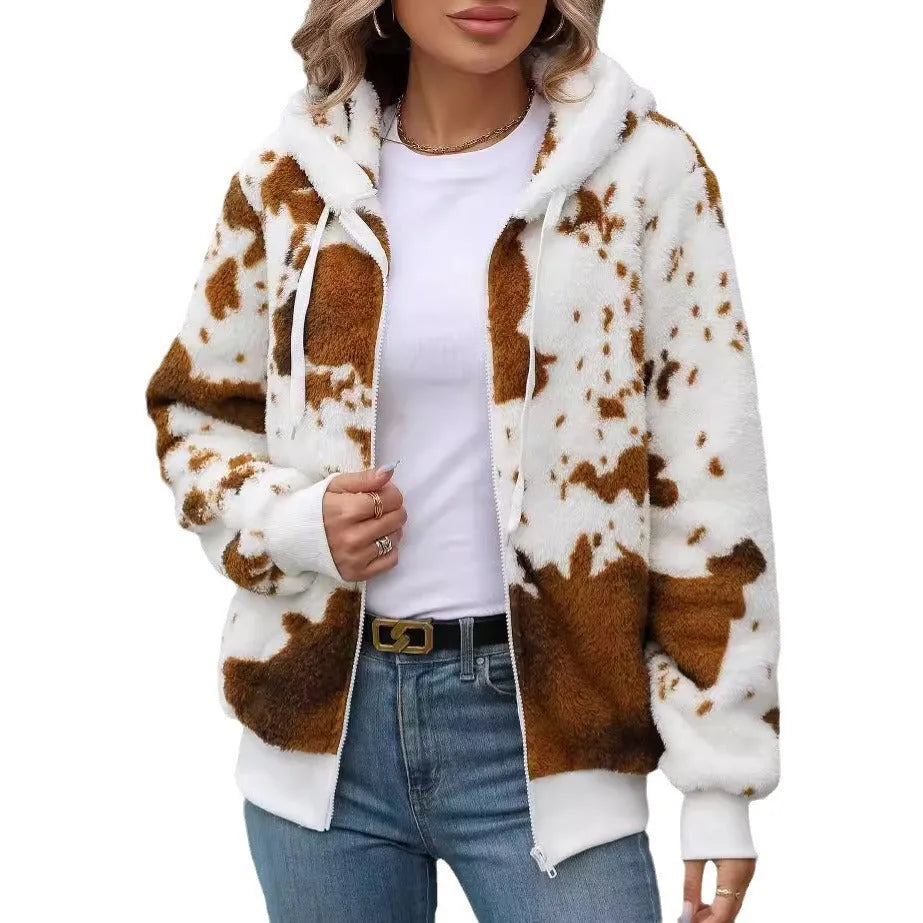 Yellow brown cow animal pattern hooded plush cardigan jacket with zip front and regular sleeves