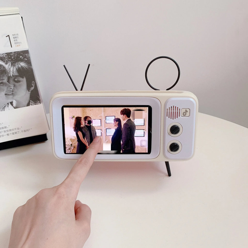 Vintage wooden TV Retro phone stand with built-in speaker, Bluetooth connectivity, and phone placed on top