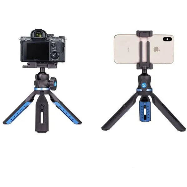 Black desktop tripod stand holding an iPhone X mobile phone.