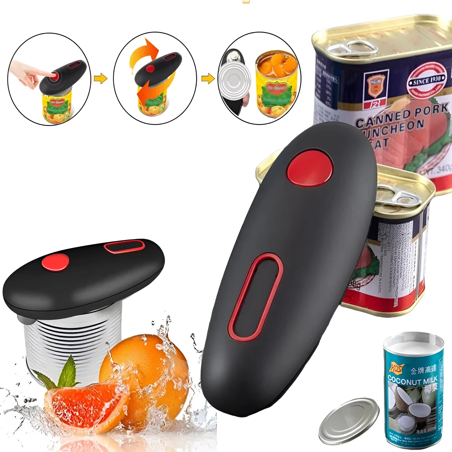 Black plastic electric can opener with compact design for battery-powered hands-free opening