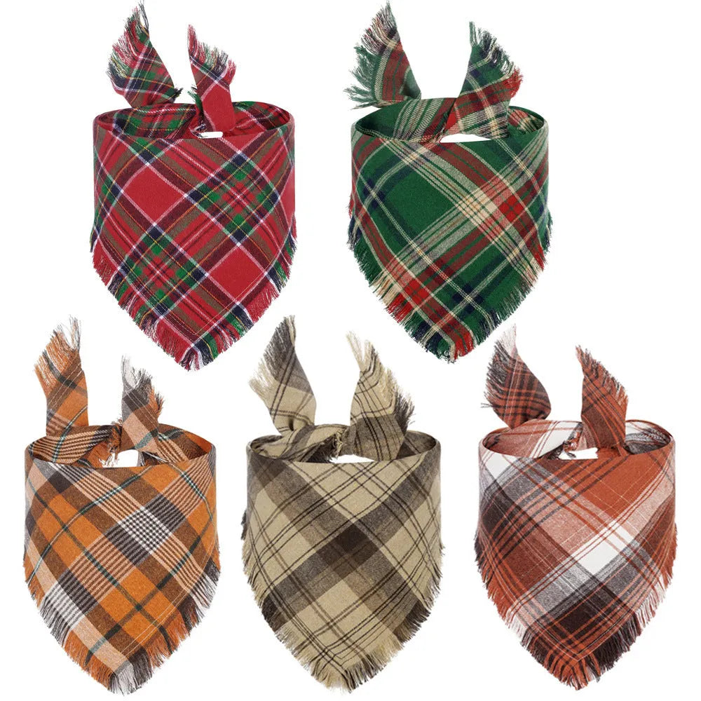 Plaid pattern dog bandana with tassels in autumn colours on pet collar