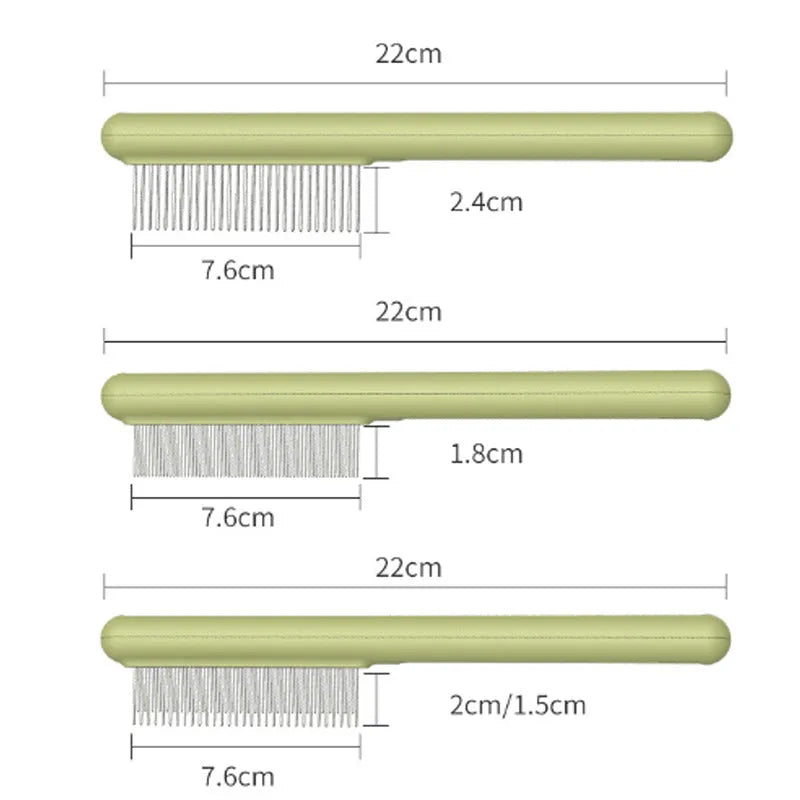 Stainless steel cat grooming comb with rounded teeth and ergonomic handle in green colour