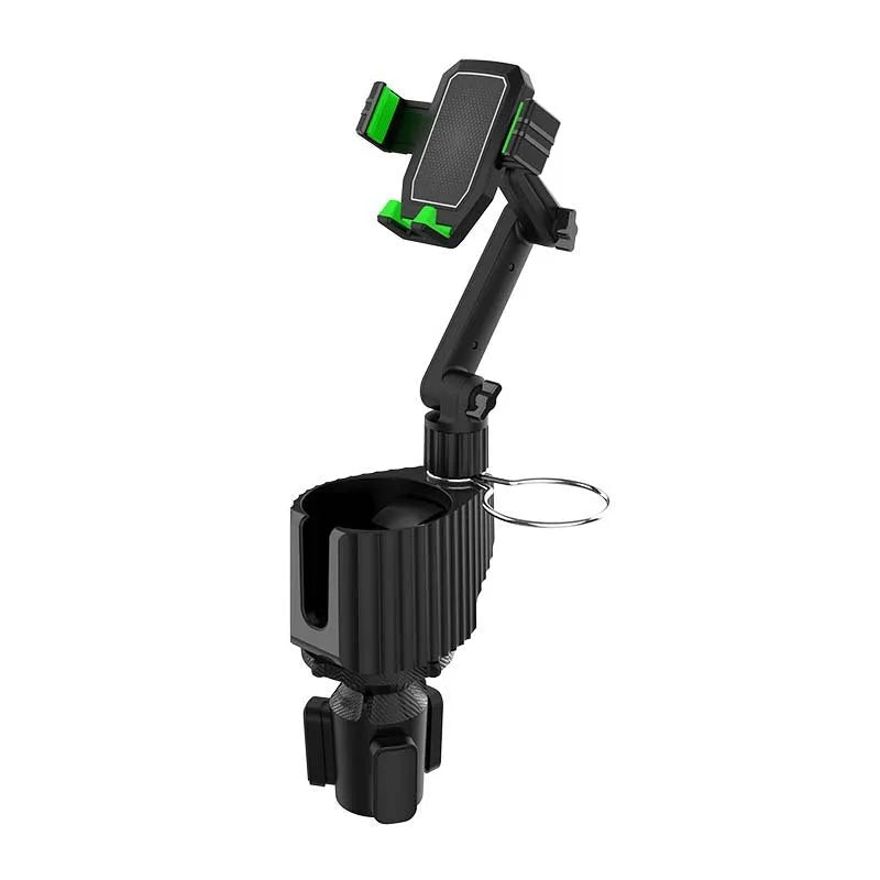 Green car drink rack holding mobile phone and cup with kettle support