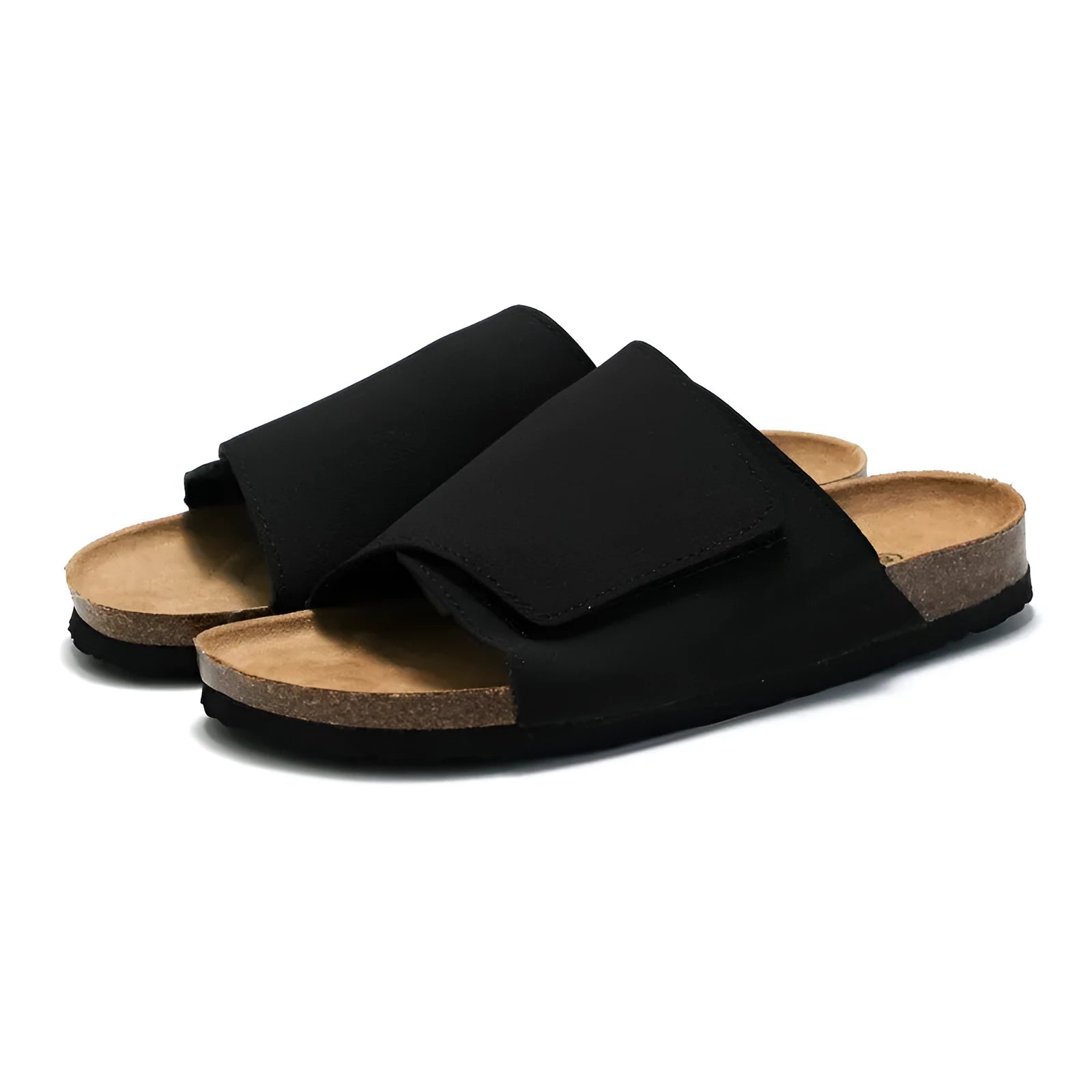 Men's retro cork-style platform slippers with frosted artificial PU upper in camel colour, rubber sole, slip-on design