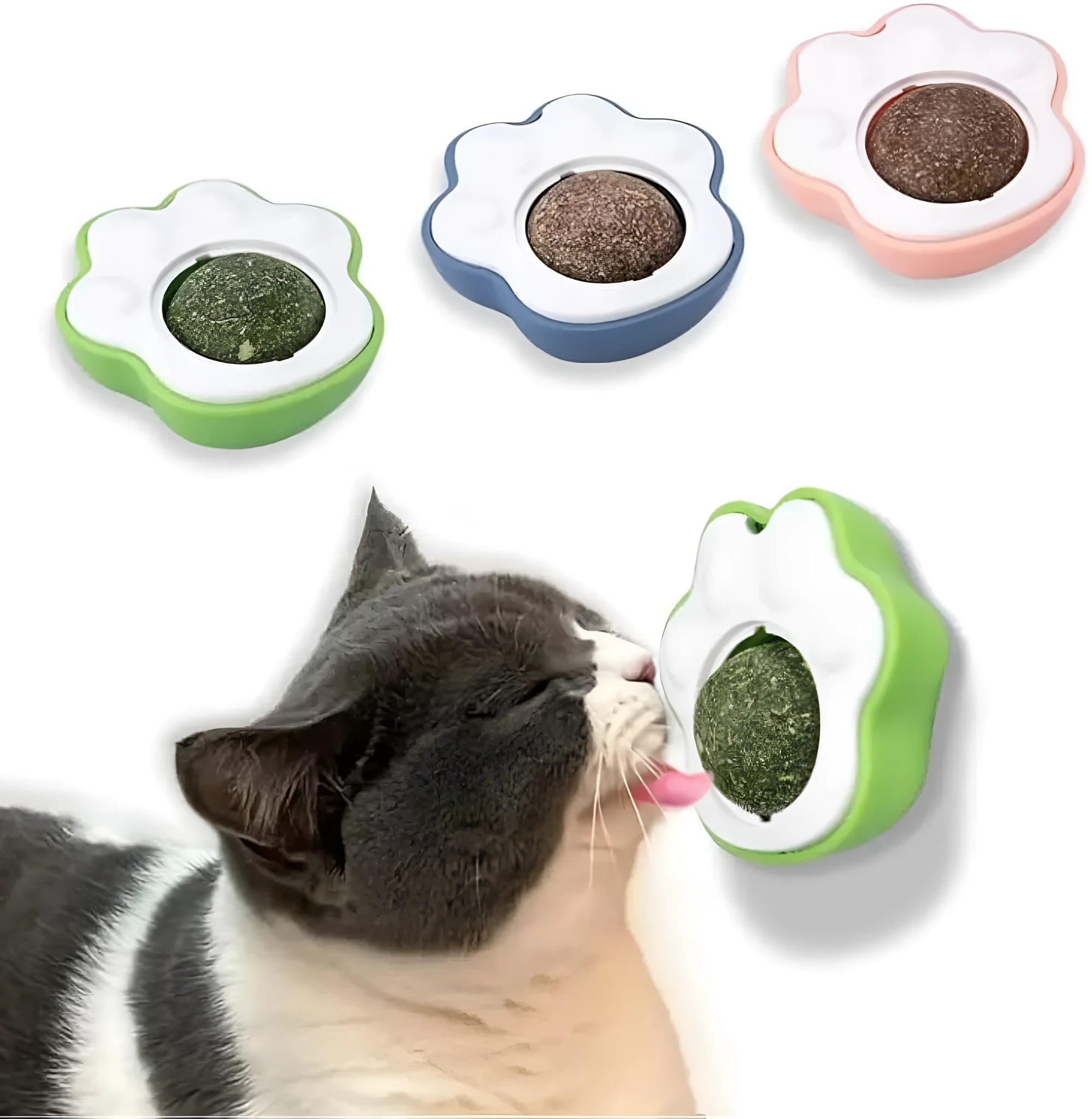Coloured catnip balls with edible vine treats for dental cleaning and wall-mounted play
